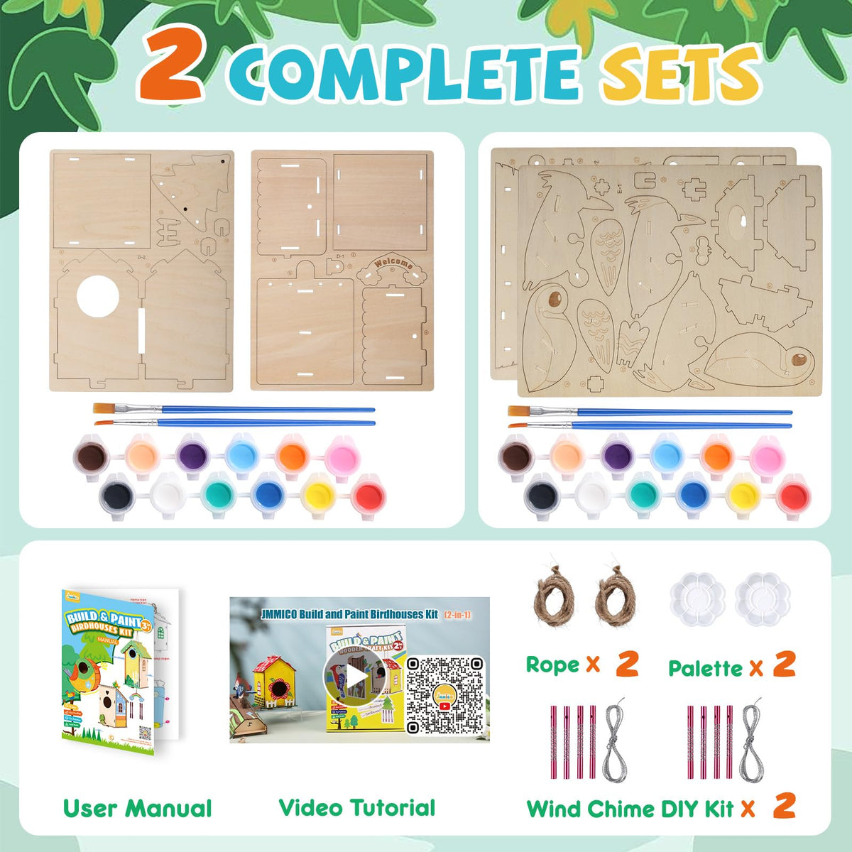 JMMICO 3 Pack Bird Houses Kits for Kids, Wooden Painting Arts and Crafts for Kids Ages 8-12, Build & Paint Your Own Bird Houses and Wind Chime Kits, Toddlers Easter Gifts for Girls Boys