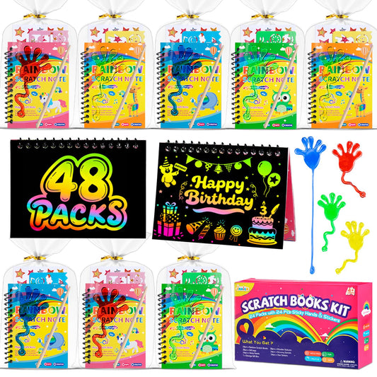 JMMICO 24*3 Pack Scratch Art Notebook+Sticky Hands+Stickers,Party Favors for Kids 4-8-12,Return Gifts for Birthday Party,Goodie Bags Stuffers, End of the Year Gifts for Students