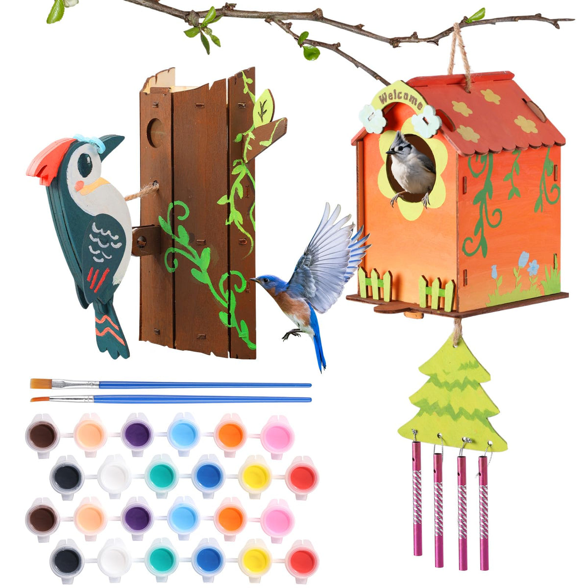 JMMICO 3 Pack Bird Houses Kits for Kids, Wooden Painting Arts and Crafts for Kids Ages 8-12, Build & Paint Your Own Bird Houses and Wind Chime Kits, Toddlers Easter Gifts for Girls Boys