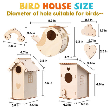 JMMICO 3 Pack Bird Houses Kits for Kids, Wooden Painting Arts and Crafts for Kids Ages 8-12, Build & Paint Your Own Bird Houses and Wind Chime Kits, Toddlers Easter Gifts for Girls Boys