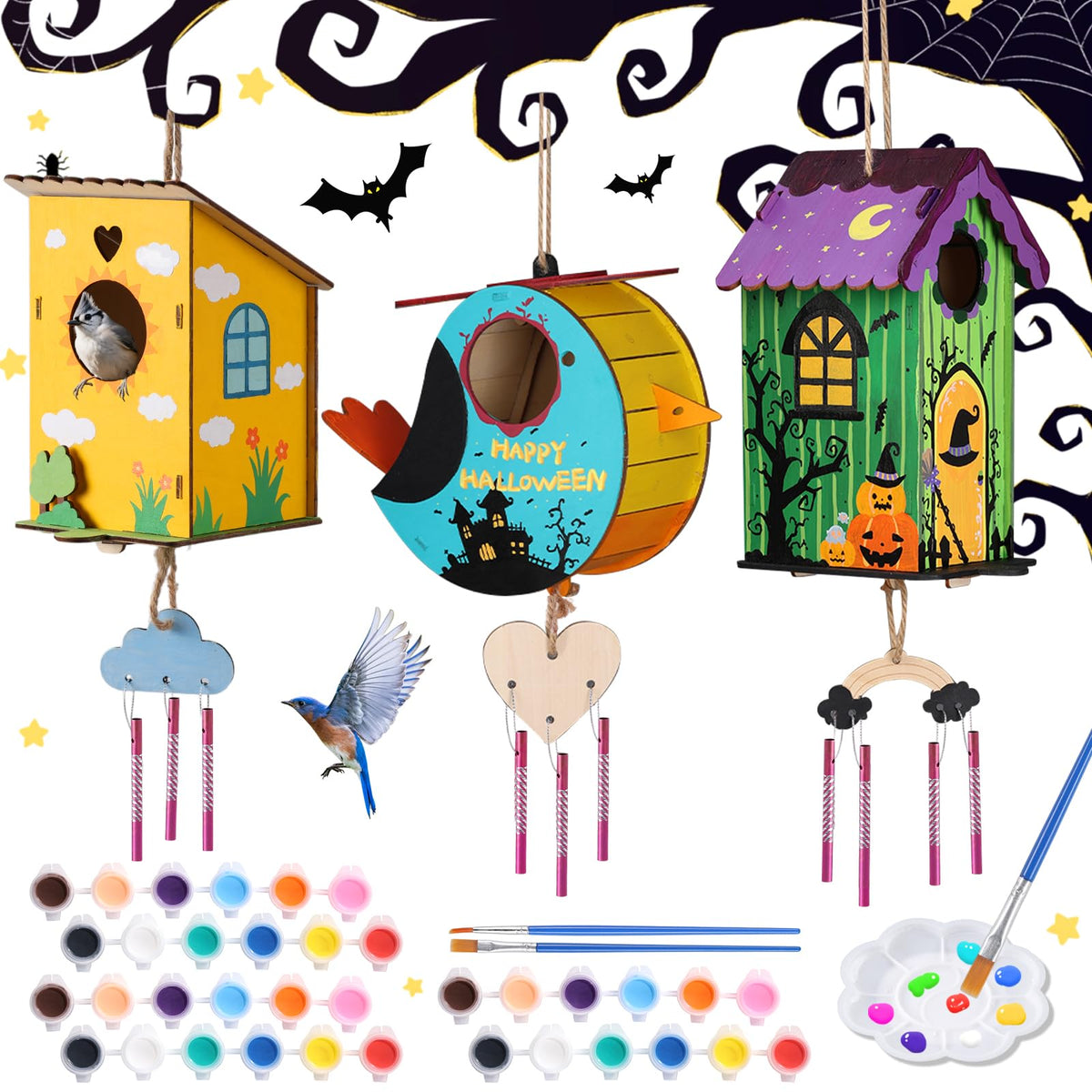 JMMICO 3 Pack Bird Houses Kits for Kids, Wooden Painting Arts and Crafts for Kids Ages 8-12, Build & Paint Your Own Bird Houses and Wind Chime Kits, Toddlers Easter Gifts for Girls Boys
