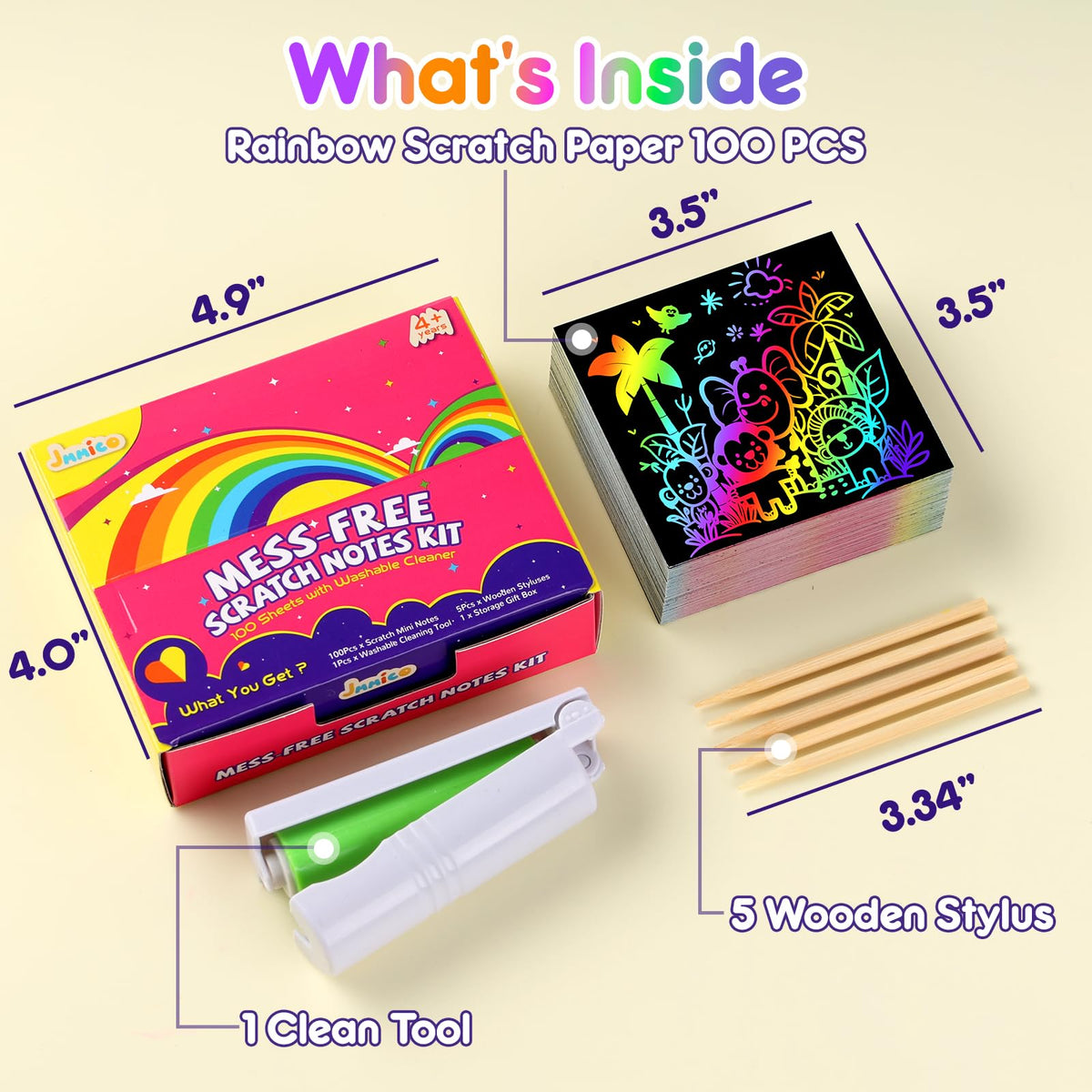 JMMICO Rainbow Scratch Paper,100 PCS Scratch Notes with Reusable Cleaner Tool, Crafts for Kids Ages 4-8, Classroom Prizes, Birthday Party Favors for Kids 3-5