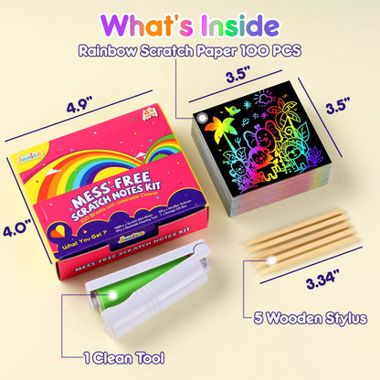 JMMICO Rainbow Scratch Paper,100 PCS Scratch Notes with Reusable Cleaner Tool, Crafts for Kids Ages 4-8, Classroom Prizes, Birthday Party Favors for Kids 3-5