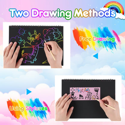 JMMICO Rainbow Scratch Paper,100 PCS Scratch Notes with Reusable Cleaner Tool, Crafts for Kids Ages 4-8, Classroom Prizes, Birthday Party Favors for Kids 3-5