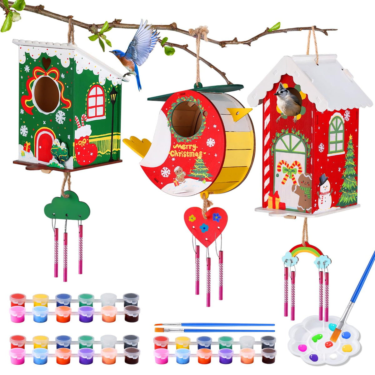 JMMICO 3 Pack Bird Houses Kits for Kids, Wooden Painting Arts and Crafts for Kids Ages 8-12, Build & Paint Your Own Bird Houses and Wind Chime Kits, Toddlers Easter Gifts for Girls Boys