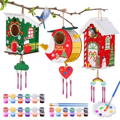JMMICO 3 Pack Bird Houses Kits for Kids, Wooden Painting Arts and Crafts for Kids Ages 8-12, Build & Paint Your Own Bird Houses and Wind Chime Kits, Toddlers Easter Gifts for Girls Boys