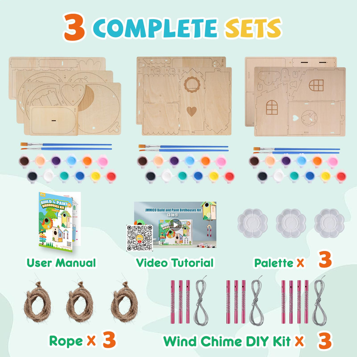 JMMICO 3 Pack Bird Houses Kits for Kids, Wooden Painting Arts and Crafts for Kids Ages 8-12, Build & Paint Your Own Bird Houses and Wind Chime Kits, Toddlers Easter Gifts for Girls Boys