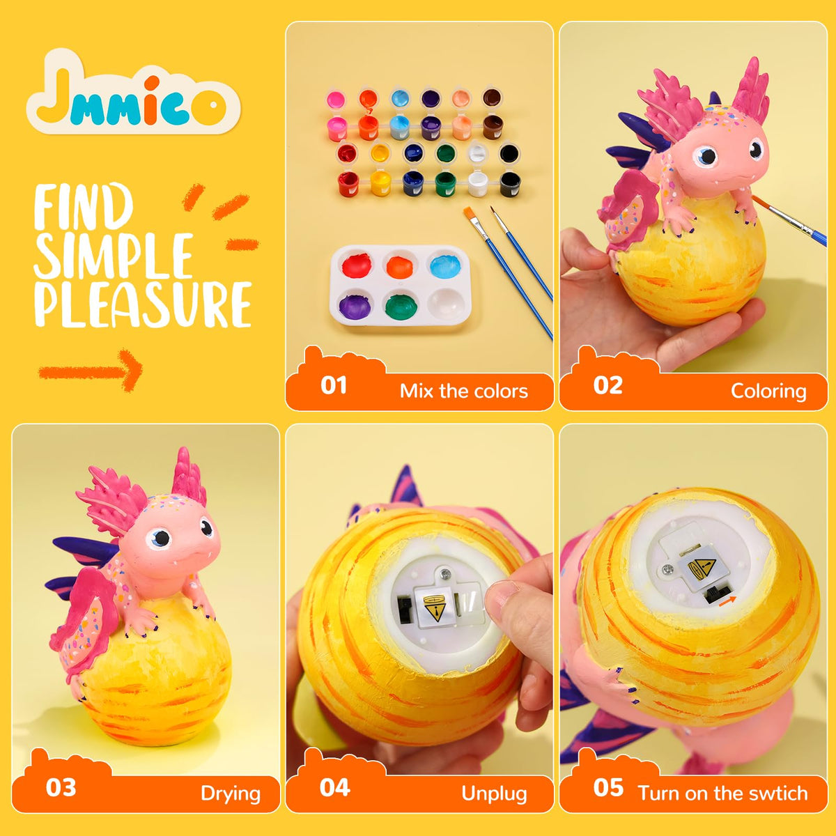 JMMICO Paint Your Own Axolotl Lamp, Axolotl Crafts Kit, Arts and Crafts for Kids Ages 4-8 8-12, Craft for Girls Boys Ages 4-6 6-8, Gifts for Kids 6 7 8 9 10 11 12 Years Old Boys Girls (Pink)