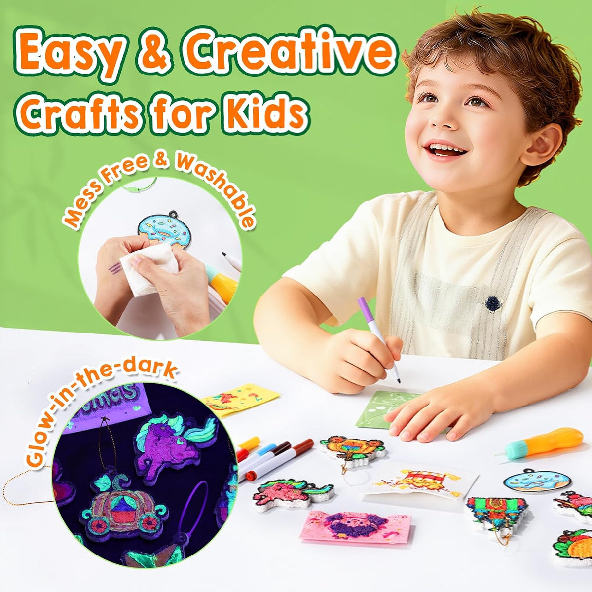 JMMICO 81 PCS 3D Art Paint & Puff Set, Mess-Free Crafts for Kids Ages 4-8-12, Glow-in-the-drak Aqua Water Puffs, Gifts for Girls Boys, Creative & No Mess Painting Crafts for Kids 4 5 6 7 8 9 Year Old