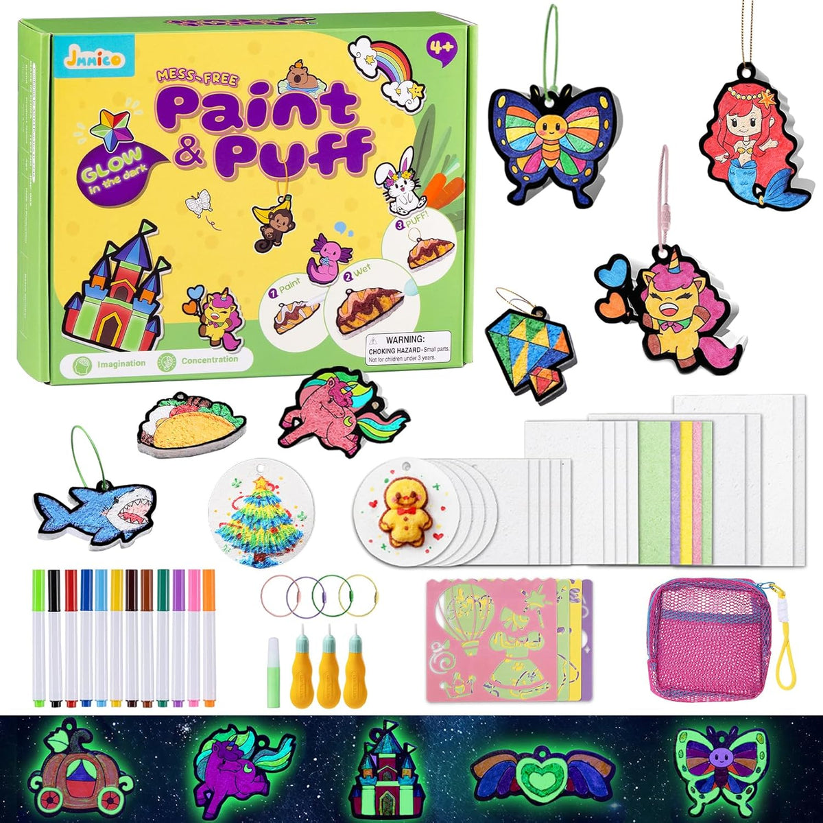 JMMICO 81 PCS 3D Art Paint & Puff Set, Mess-Free Crafts for Kids Ages 4-8-12, Glow-in-the-drak Aqua Water Puffs, Gifts for Girls Boys, Creative & No Mess Painting Crafts for Kids 4 5 6 7 8 9 Year Old
