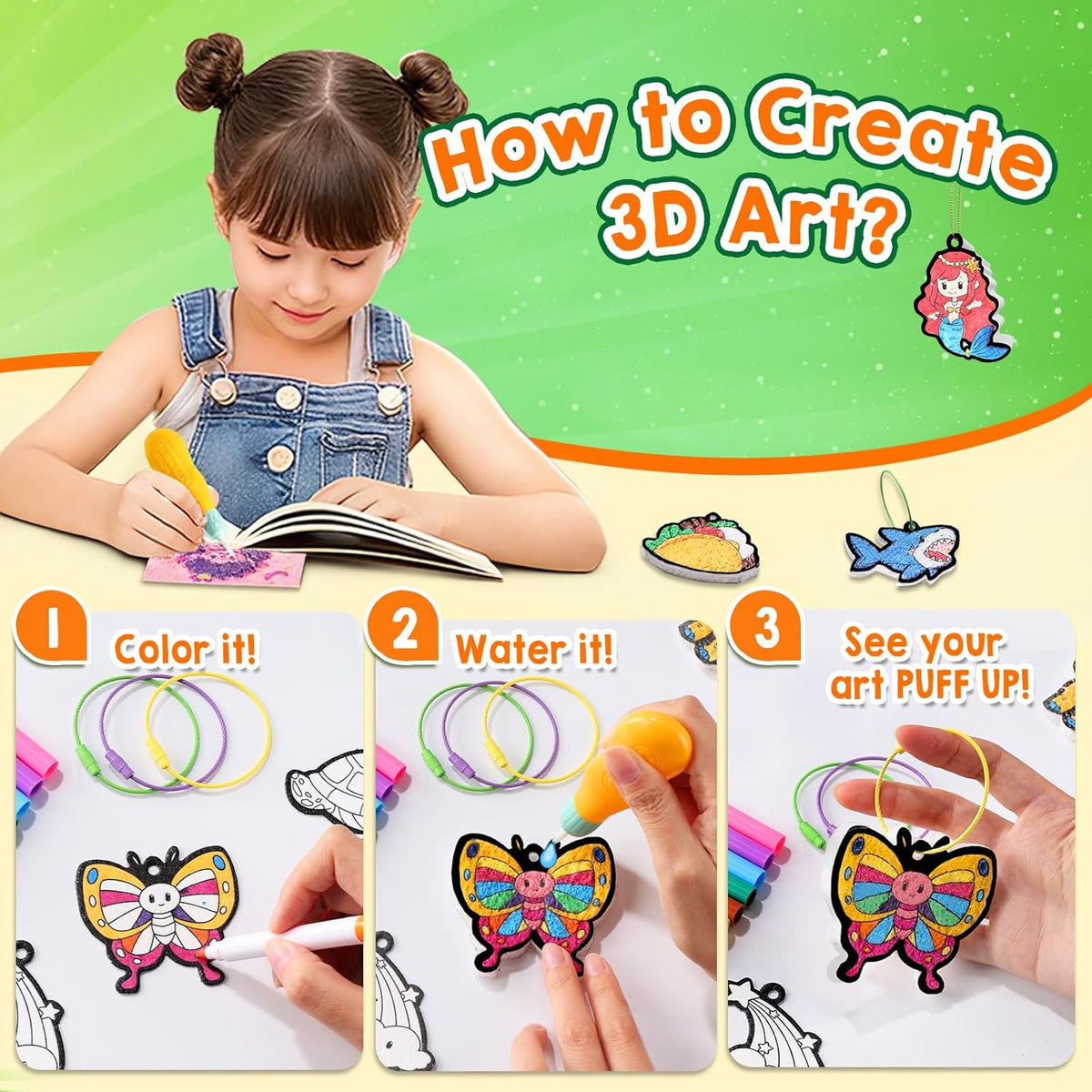 JMMICO 81 PCS 3D Art Paint & Puff Set, Mess-Free Crafts for Kids Ages 4-8-12, Glow-in-the-drak Aqua Water Puffs, Gifts for Girls Boys, Creative & No Mess Painting Crafts for Kids 4 5 6 7 8 9 Year Old
