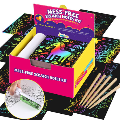 JMMICO Rainbow Scratch Paper,100 PCS Scratch Notes with Reusable Cleaner Tool, Crafts for Kids Ages 4-8, Classroom Prizes, Birthday Party Favors for Kids 3-5