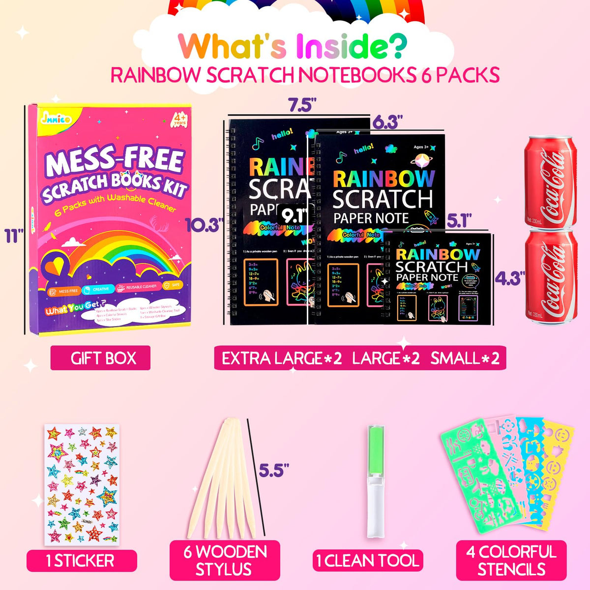 JMMICO Rainbow Scratch Paper,100 PCS Scratch Notes with Reusable Cleaner Tool, Crafts for Kids Ages 4-8, Classroom Prizes, Birthday Party Favors for Kids 3-5