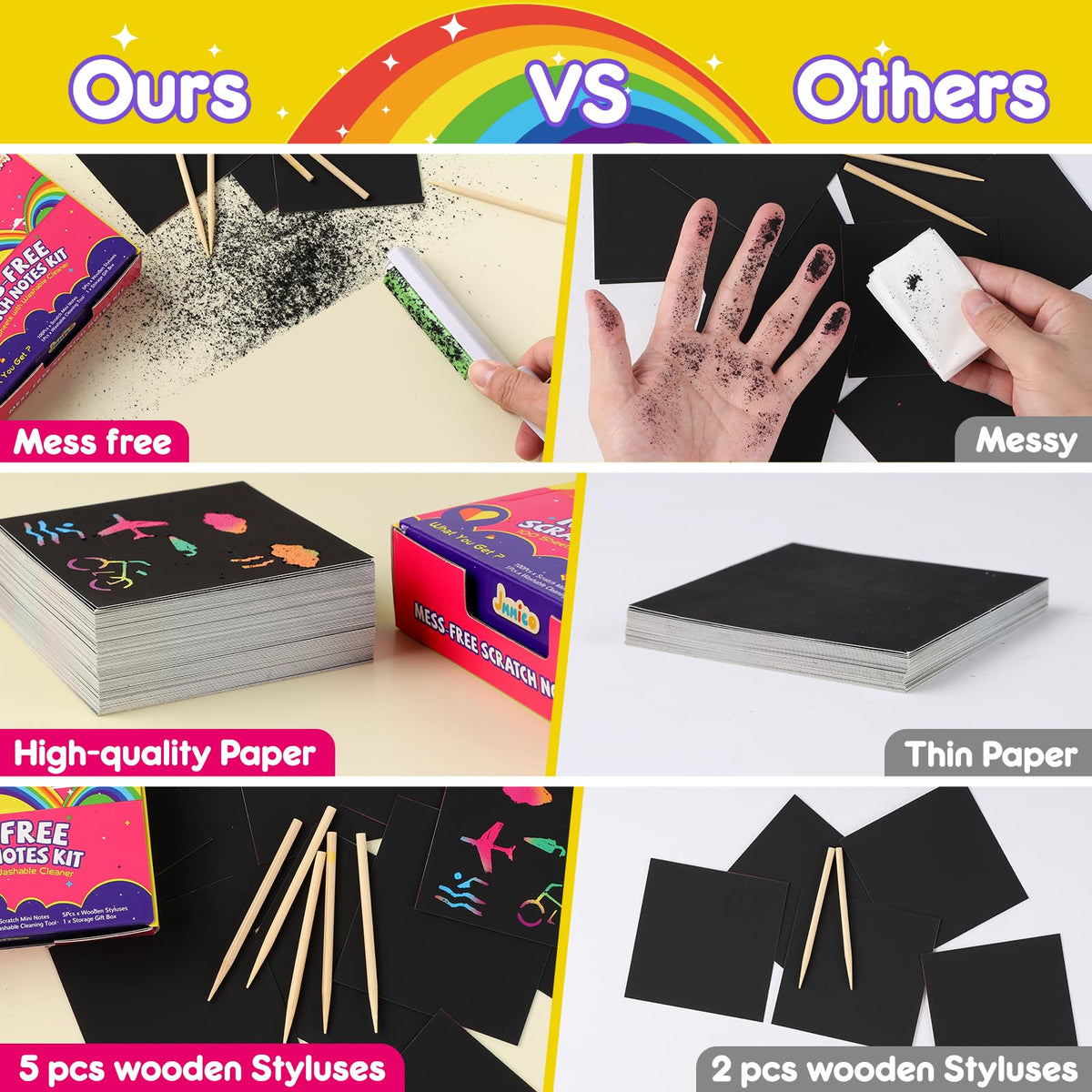 JMMICO Rainbow Scratch Paper,100 PCS Scratch Notes with Reusable Cleaner Tool, Crafts for Kids Ages 4-8, Classroom Prizes, Birthday Party Favors for Kids 3-5